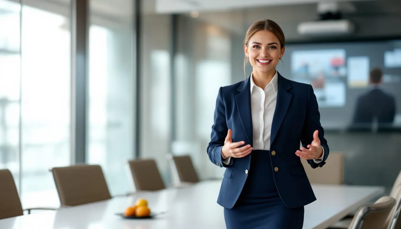 A confident professional woman is smiling brightly during a business meeting, showcasing her beautiful smile, likely enhanced by cosmetic dentistry treatments such as teeth whitening or dental veneers. Her radiant smile leaves a lasting impression, reflecting her self-esteem and professionalism.