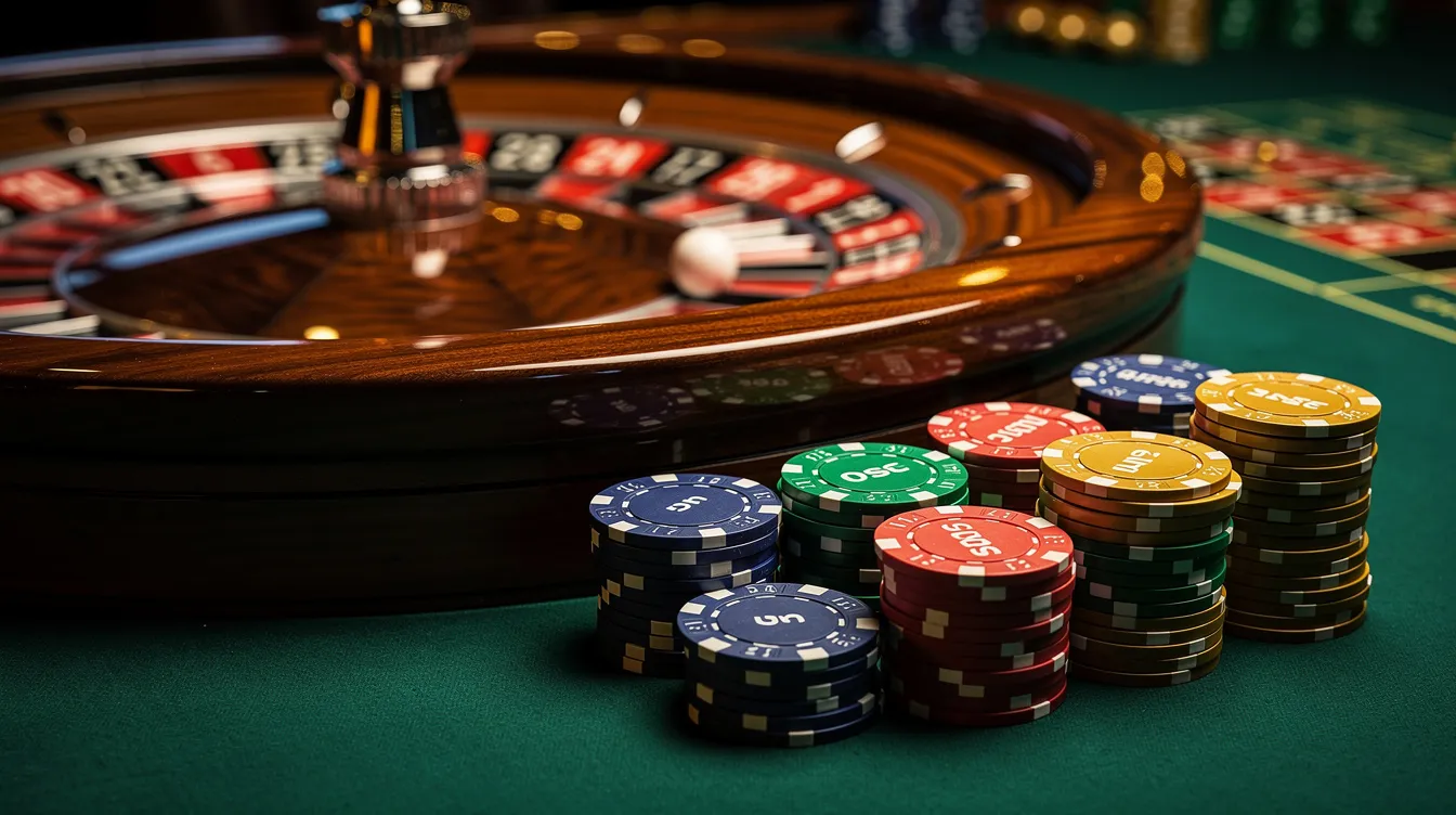 The image depicts a vibrant casino roulette wheel in motion, surrounded by a stack of colorful chips on a green felt surface, evoking the excitement of casino games. This scene represents the thrilling atmosphere found in many non Gamstop casinos, where players can enjoy a variety of games and generous welcome bonuses.