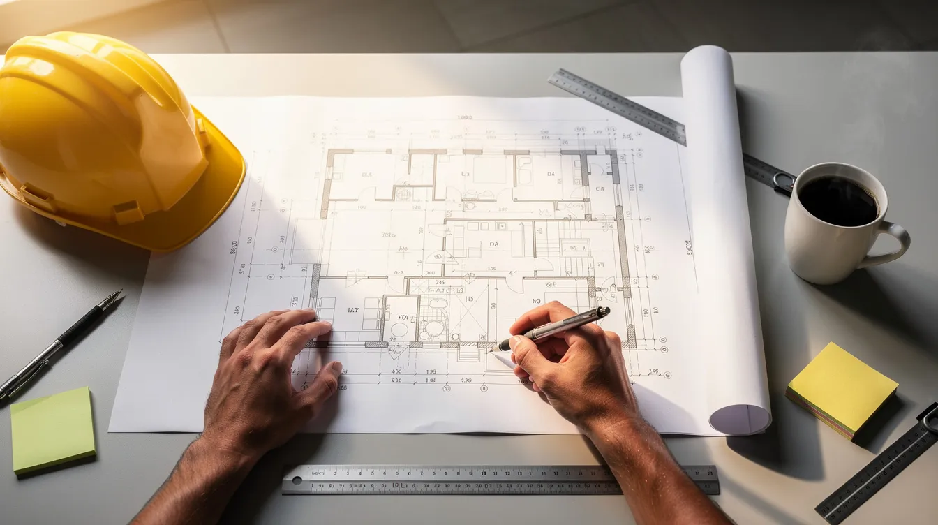 The image depicts hands carefully examining architectural blueprints, accompanied by a construction hard hat and a coffee mug, suggesting a focused planning session for a construction project. This scene is relevant for those considering bridge financing options, such as bridge loans, for their real estate ventures.