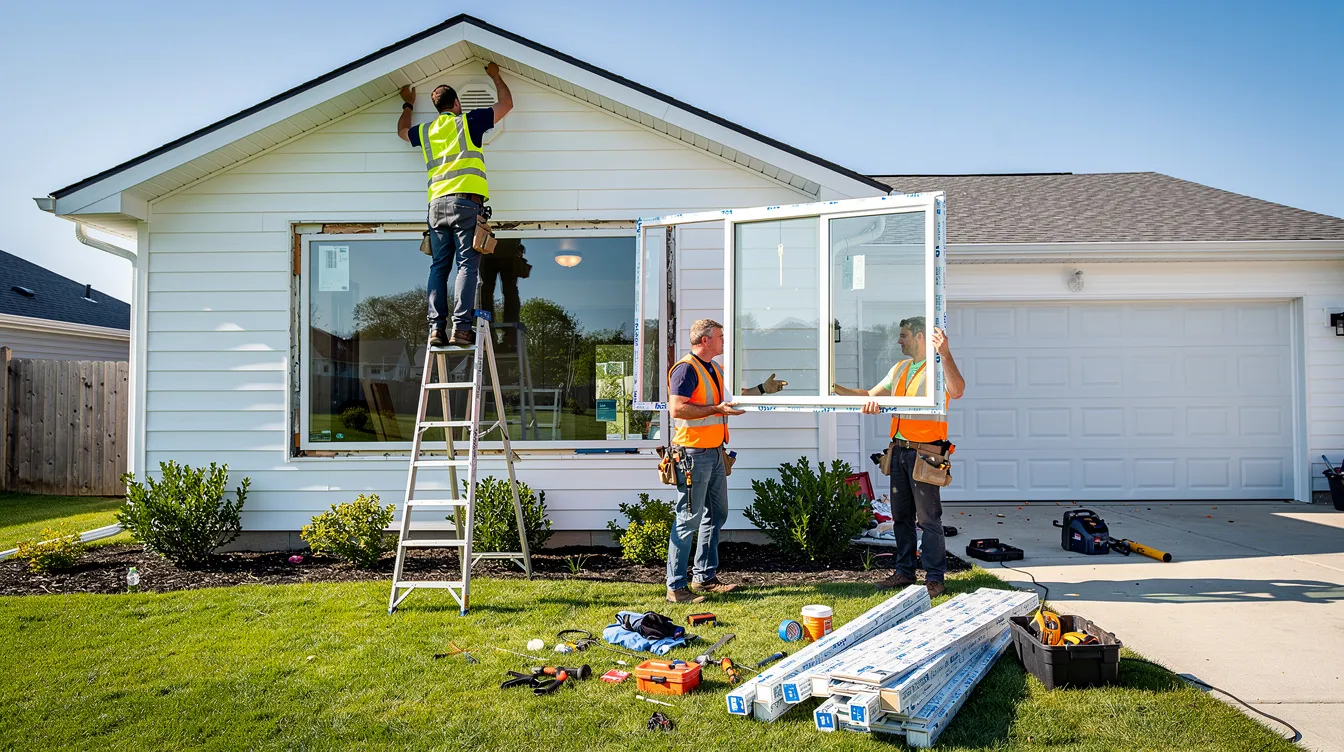 Two window installers are working outside a single-story residential home, replacing the front windows with energy-efficient triple pane glass. The scene highlights their focus on enhancing the home's durability and natural light access while showcasing various customization options for window frames.