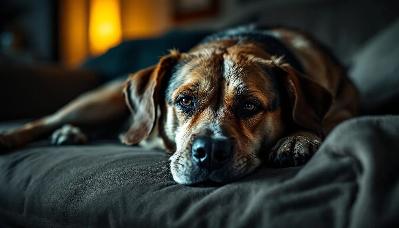 A lethargic dog is lying on a couch, exhibiting classic signs of hypothyroidism, such as low energy and mental dullness. This condition, often linked to low thyroid hormone levels, can lead to weight gain and other clinical signs in hypothyroid dogs.