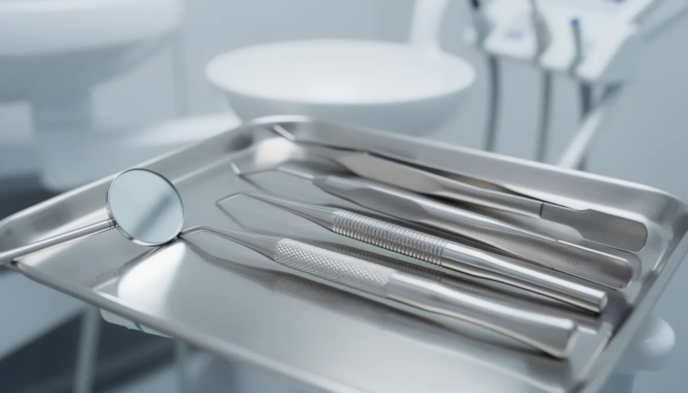 The image shows a close-up of various professional dental instruments meticulously arranged on a tray, commonly used for dental procedures such as tooth extractions and wisdom tooth removal. These tools are essential for oral surgeons and dental care providers when performing complex surgical extractions or managing dental health issues.