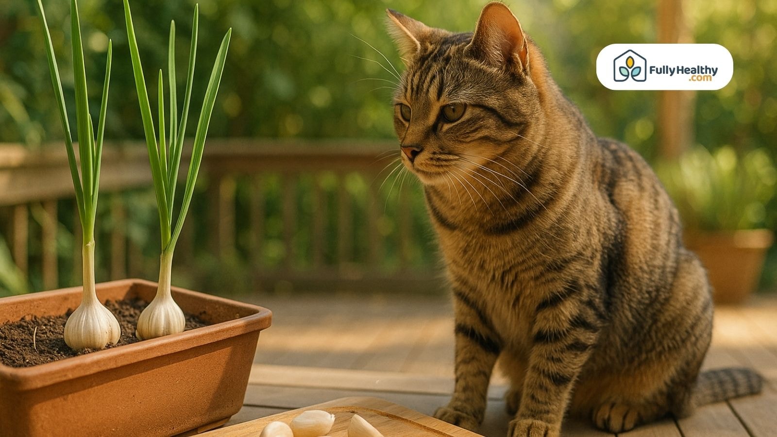 A cat outdoors beside a potted garlic plant and cloves.