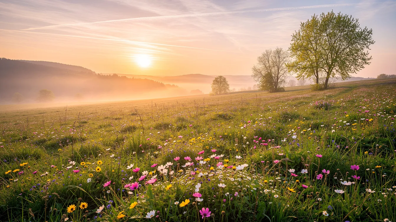 Der Sonnenaufgang über einer blühenden Frühlingslandschaft symbolisiert die Hoffnung und die Auferstehung Jesu, die im Christentum während des Osterfestes gefeiert wird. Das sanfte Morgenlicht erweckt die Natur und erinnert an den Neuanfang, der mit Ostern und dem Lebensüber den Tod verbunden ist.