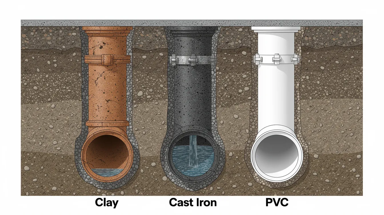 The image depicts a cross-section of various sewer pipe materials, including clay, cast iron, and PVC pipes, showcasing their different structures and characteristics. This visual representation highlights the options available for sewer line repair and replacement, illustrating the importance of selecting the right material for effective sewer line management.