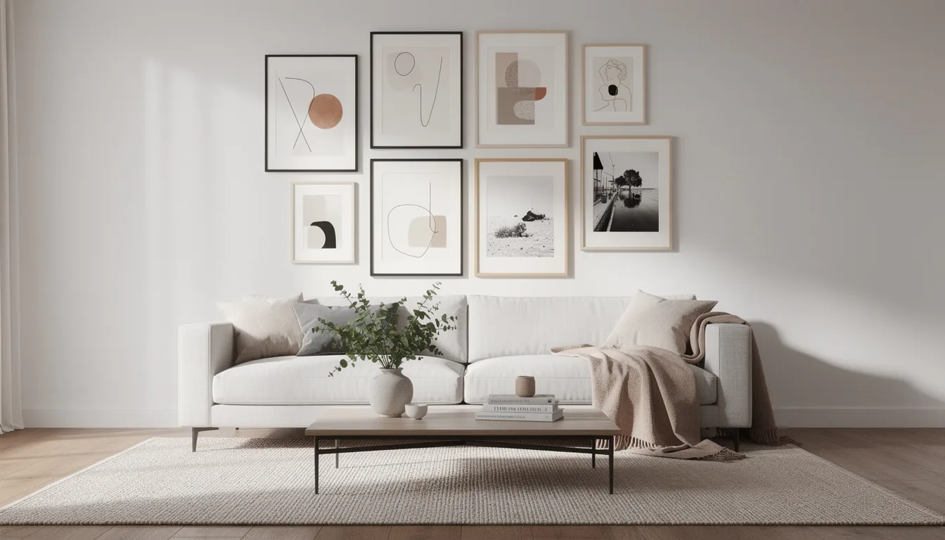 The image showcases a modern living room featuring a neutral sofa positioned beneath a vibrant gallery wall arrangement, adorned with various pieces of wall art, including colorful oil and acrylic paintings. This stylish decor creates a focal point in the room, reflecting good taste and creativity, perfect for any art enthusiast looking to personalize their own home.