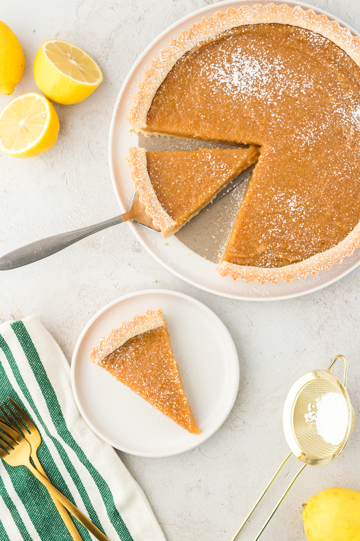 treacle tart, and a slice on a plate