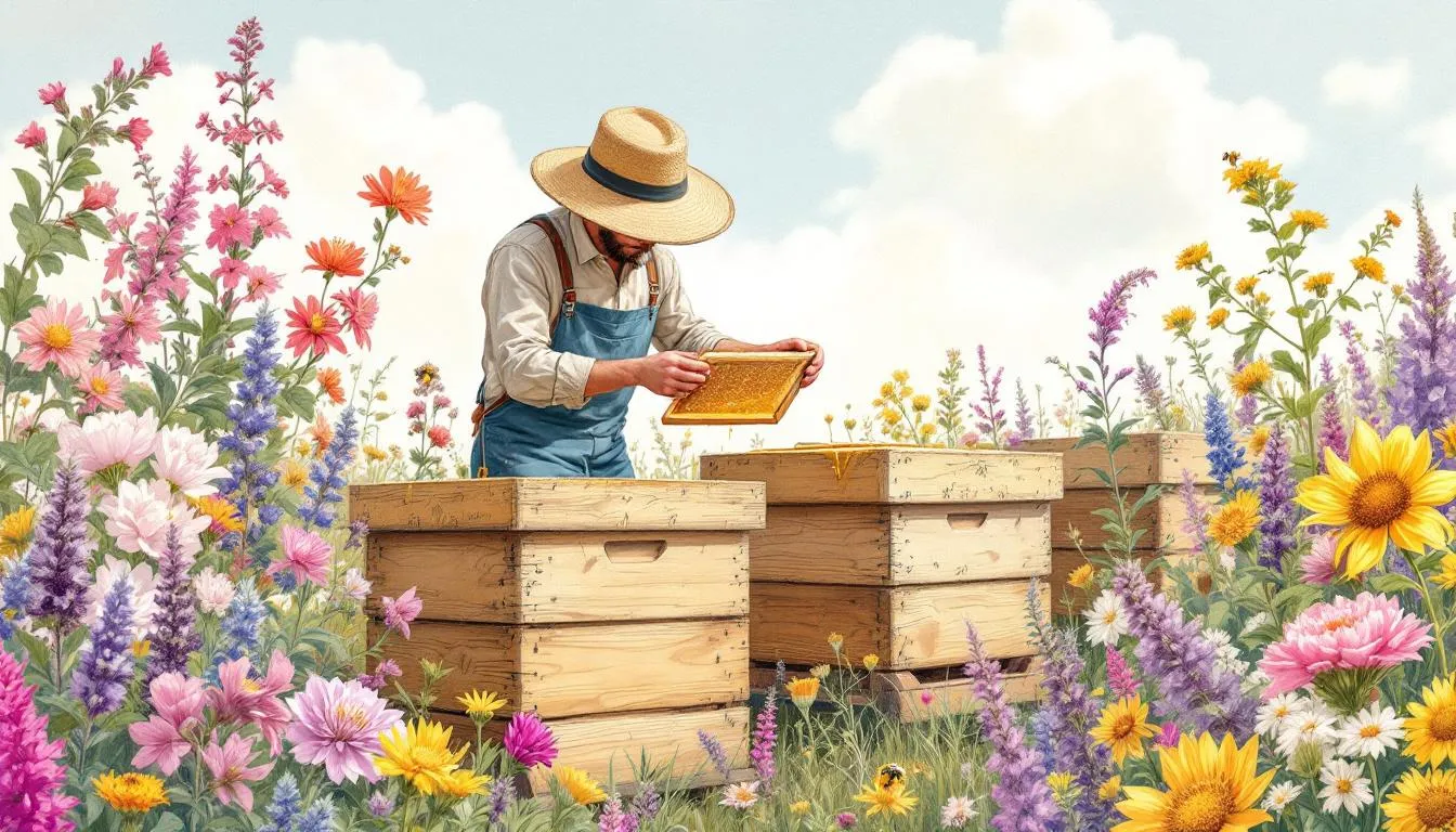 A beekeeper tending to hives surrounded by wildflowers.