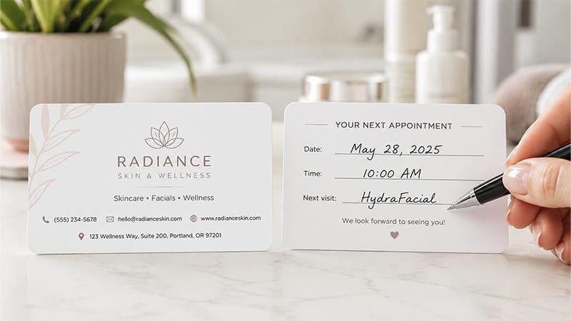 Salon appointment business card with writable date, time, and service fields