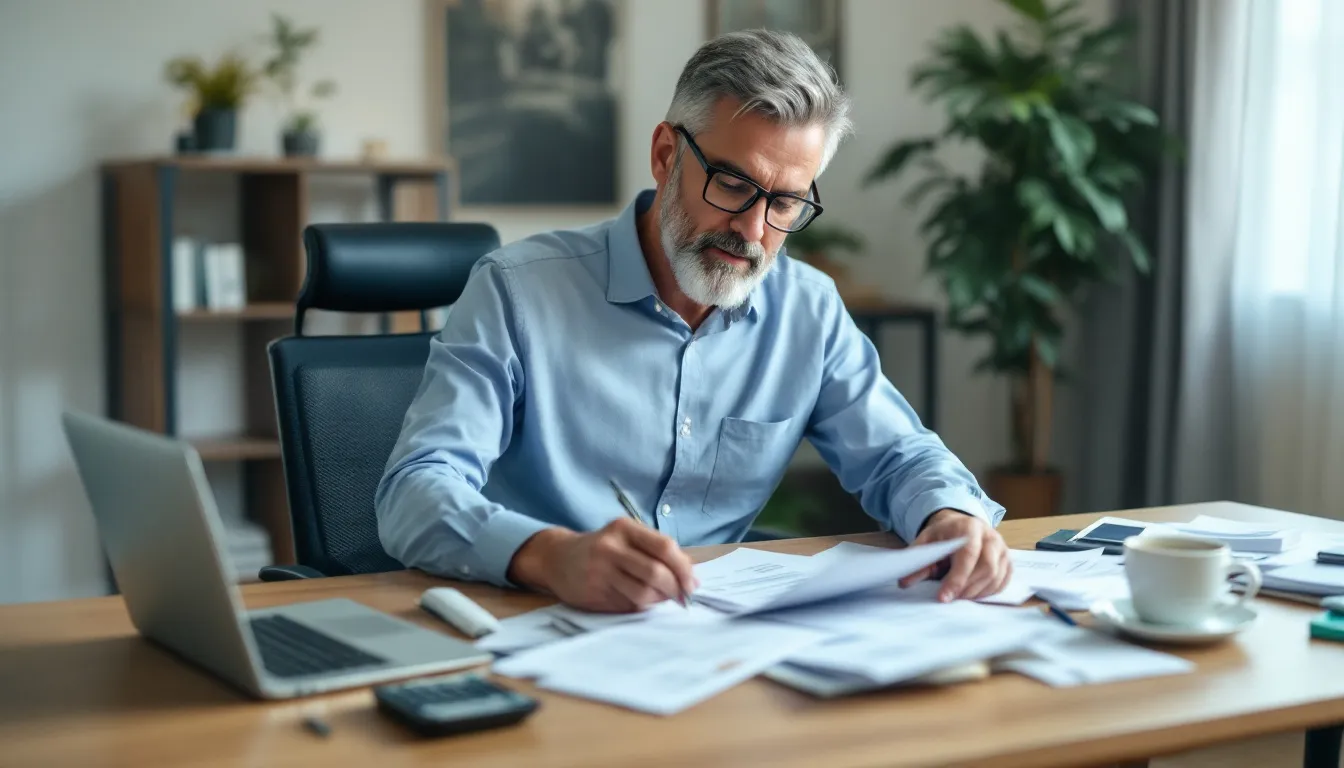 A small business owner sits at a desk surrounded by financial documents, receipts, and a laptop displaying accounting software, as they review their business's financial health by tracking income and expenses. The scene emphasizes the importance of accurate bookkeeping and financial reporting for managing personal and business expenses effectively.