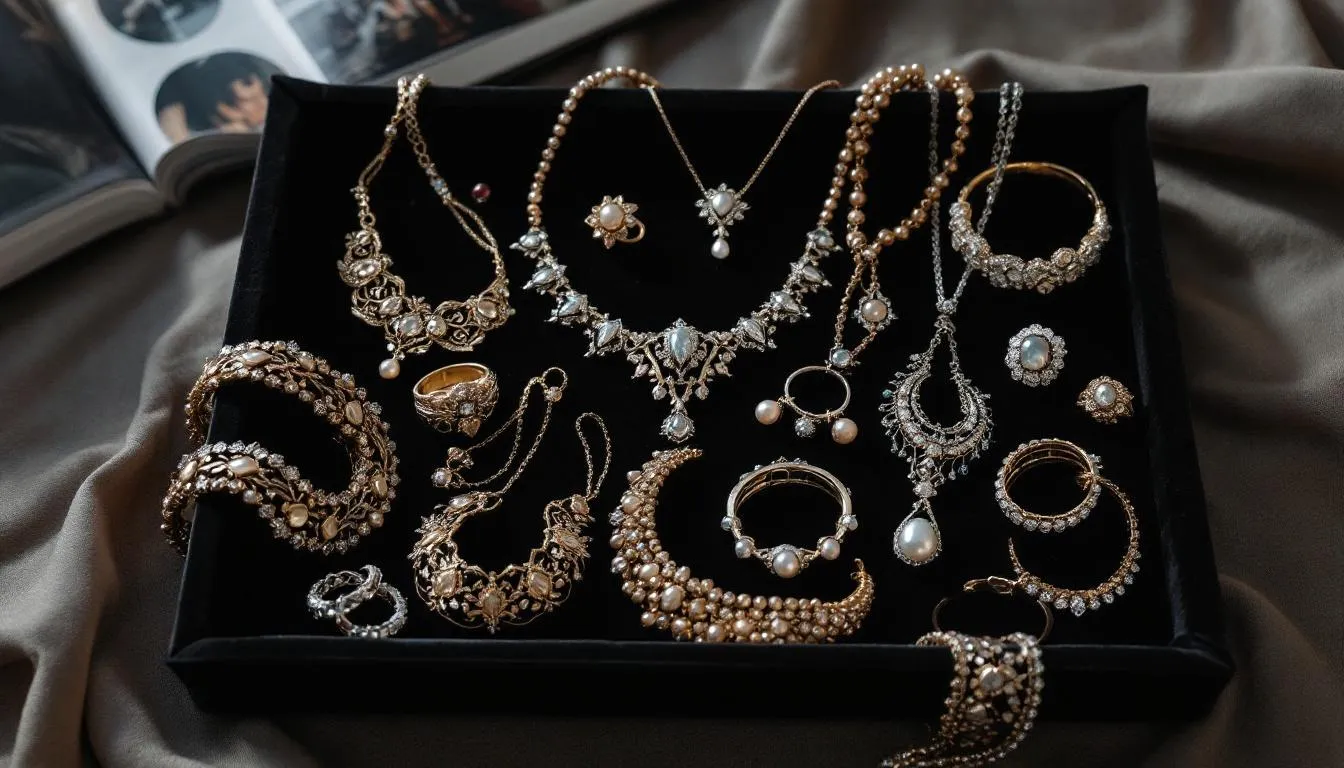 An elegant collection of vintage and antique jewellery in a shop.