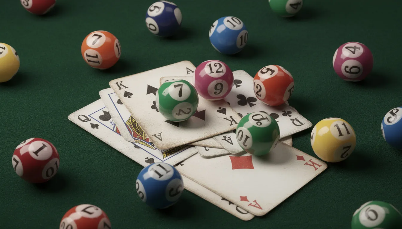 Bilden visar en uppsättning bingokuler och spelkort som ligger på ett grönt underlag, vilket skapar en inbjudande atmosfär för spelare som vill spela bingo eller andra casinospel hos Maria Casino. Korten och kulerna är i fokus och ger en känsla av spänning och underhållning.