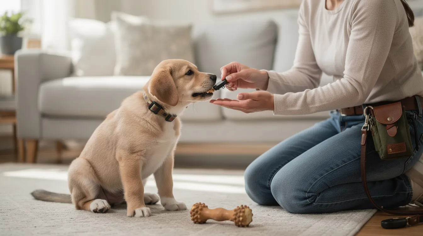 The image depicts a young puppy engaging in playful behavior with a chew toy, showcasing its sharp teeth while learning bite inhibition through gentle mouthing. This scene emphasizes the importance of positive reinforcement and alternative behaviors in puppy training to stop unwanted biting and nipping.