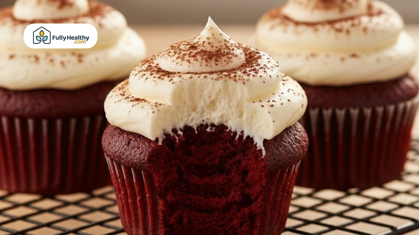 Red velvet cupcake with cream cheese frosting and a bite taken from the top