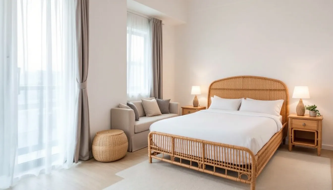 The image features a compact arrangement of high-quality rattan furniture in a small bedroom, highlighting its space-efficient design. The natural rattan pieces, including a stylish coffee table and lightweight chairs, create an inviting atmosphere with warm, neutral tones, showcasing the furniture's exceptional durability and timeless appeal.