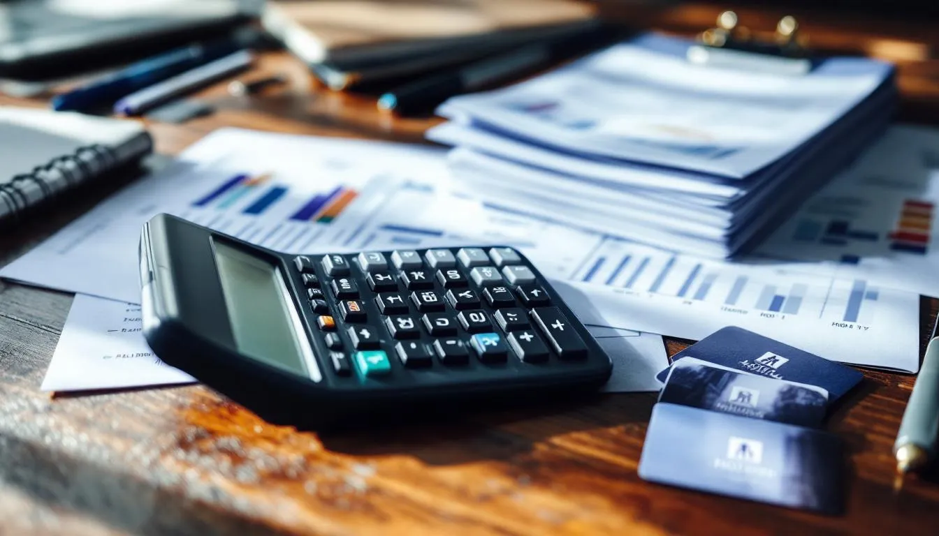 A calculator sits on a desk surrounded by various financial documents, including hotel key cards, which are essential for revenue management in the hospitality industry. This setup reflects the analysis of gross operating profit and operating expenses, crucial for hotel owners and revenue managers to assess the financial health and profitability of their property.