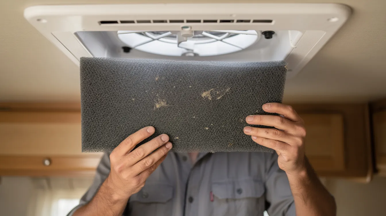 A person is holding a dirty foam air filter removed from the ceiling vent of an RV air conditioning unit, inspecting it closely for dust and debris that may restrict airflow. The inspection is crucial for maintaining the efficiency of the AC unit, especially during hot summer days when cold air is essential.