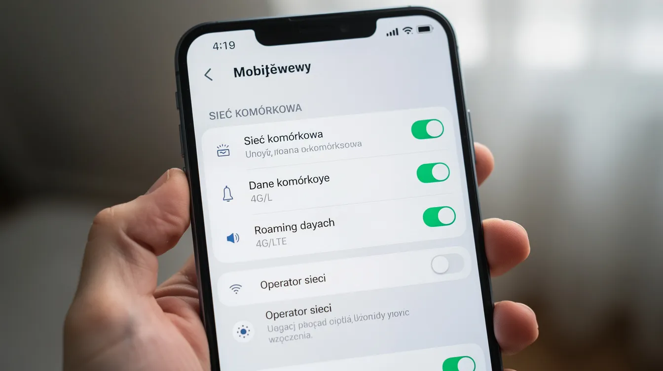 Na zbliżeniu widoczny jest ekran smartfona z ustawieniami sieci komórkowej, gdzie użytkownik może aktywować lokalną kartę SIM lub zainstalować kartę eSIM, co pozwala uniknąć wysokich opłat roamingowych w Egipcie. Ekran pokazuje również opcje dotyczące transmisji danych oraz automatycznych aktualizacji, co jest istotne dla osób podróżujących i planujących dłuższy pobyt.