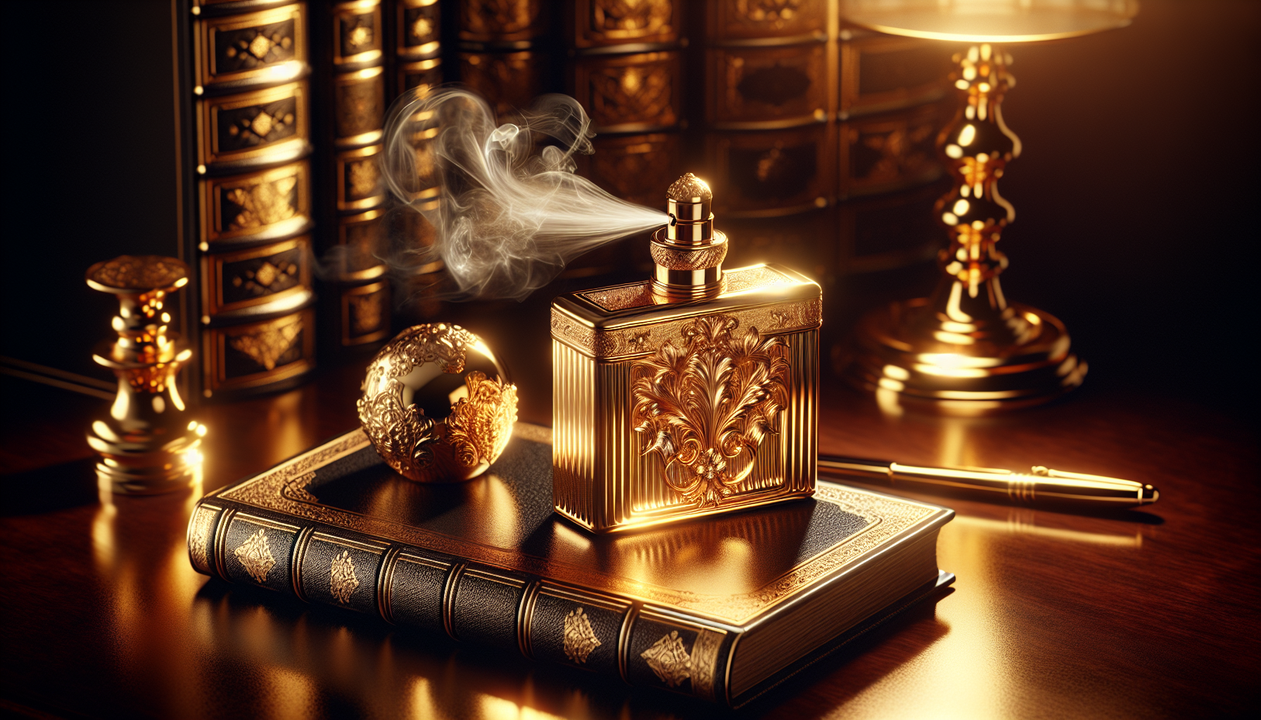 A collection of luxurious and opulent ingredients including musk, leather, and gold