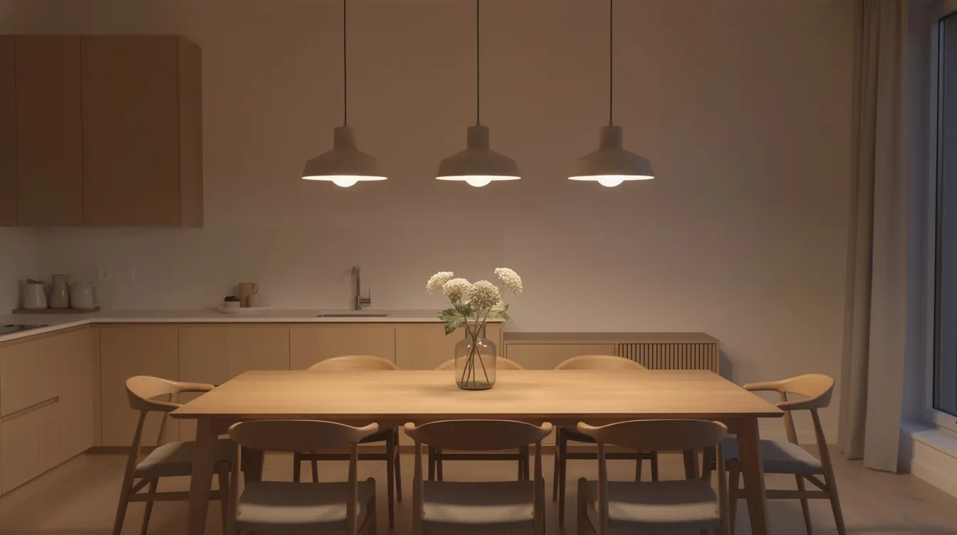 Ett matbord i ett kök är dekorerat med tre moderna pendellampor som hänger på rad ovanför, och ger ett varmt och inbjudande ljus till rummet. Lamporna skapar en trevlig atmosfär och fungerar som en bra belysning för måltider och samvaro.