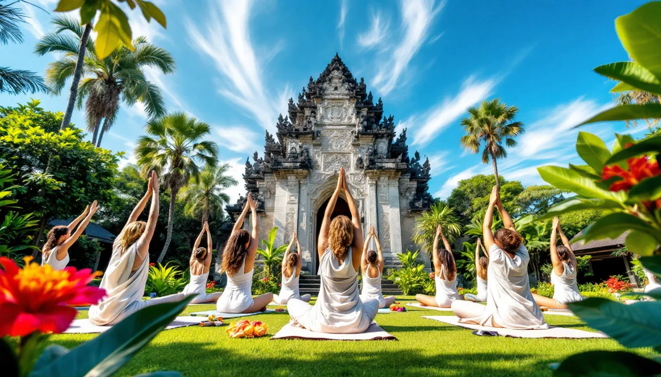A serene outdoor yoga class in Ubud, showcasing the beauty of nature and kundalini yoga.