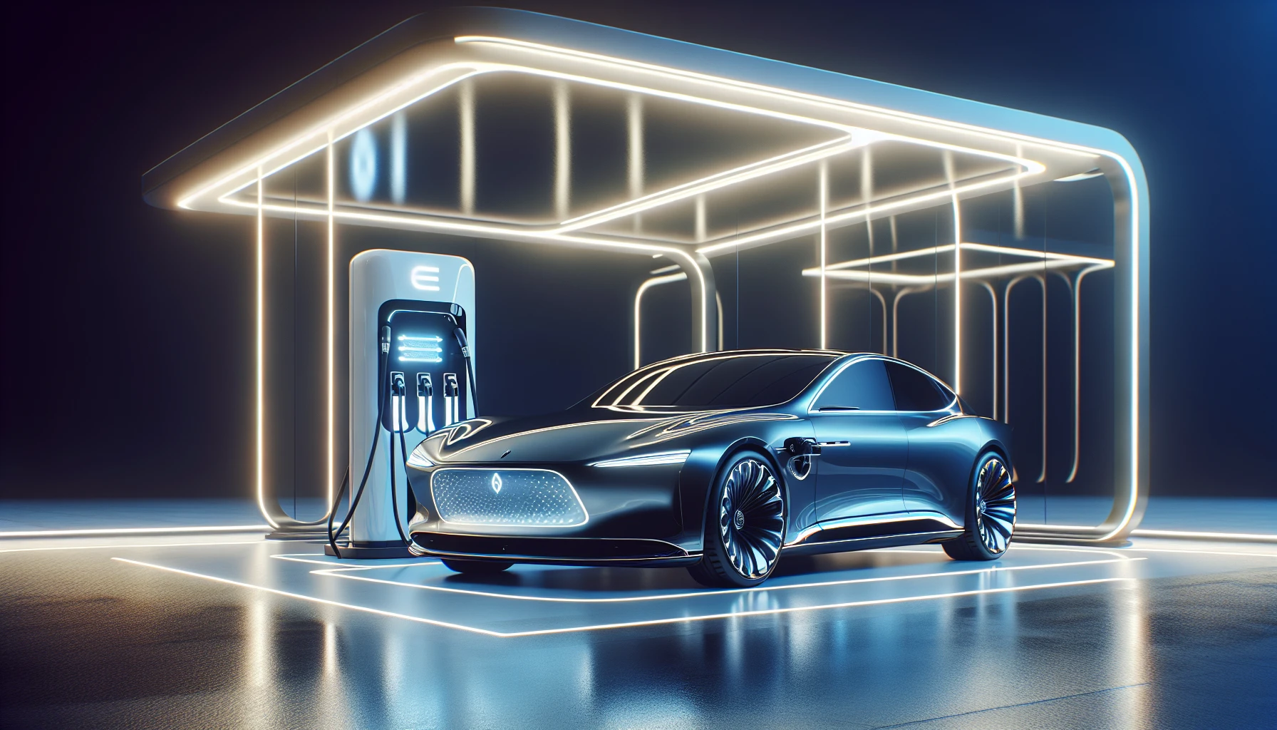 Electric luxury car charging at a modern charging station