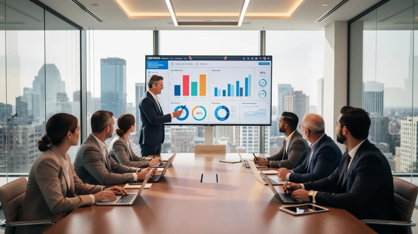 A group of professionals is gathered in a modern conference room, collaboratively reviewing website analytics displayed on a large screen, focusing on key elements such as search visibility and web traffic to enhance their content strategy and marketing efforts. The atmosphere is engaged and productive as they discuss the impact of SEO and paid ads on their organization's success.