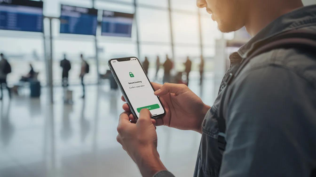A traveler is seen using a smartphone to complete a secure hotel booking, highlighting the convenience of modern payment gateways in the travel industry. The image emphasizes the importance of secure payments and various payment methods for a seamless booking process.