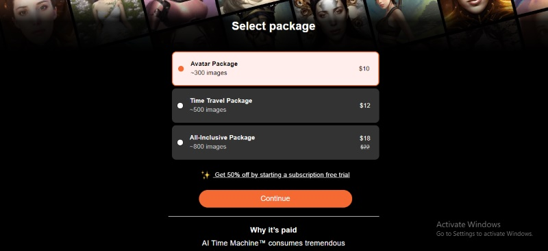 screenshot of myheritage ai time machine pricing