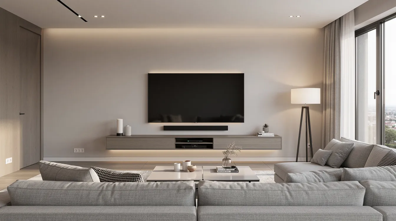The image shows a modern living room featuring a wall-mounted television with neatly organized cables, creating a sleek and tidy appearance. This setup is ideal for those considering professional DSTV installation services in Bothasig, ensuring a quality home entertainment experience.