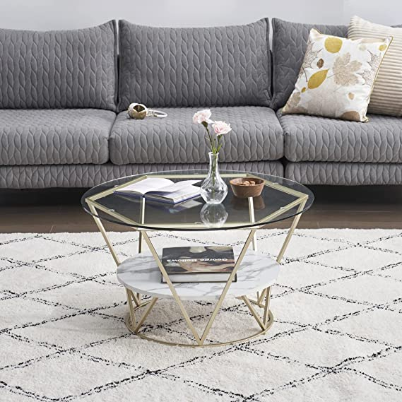 gold and glass storage shelf coffee table