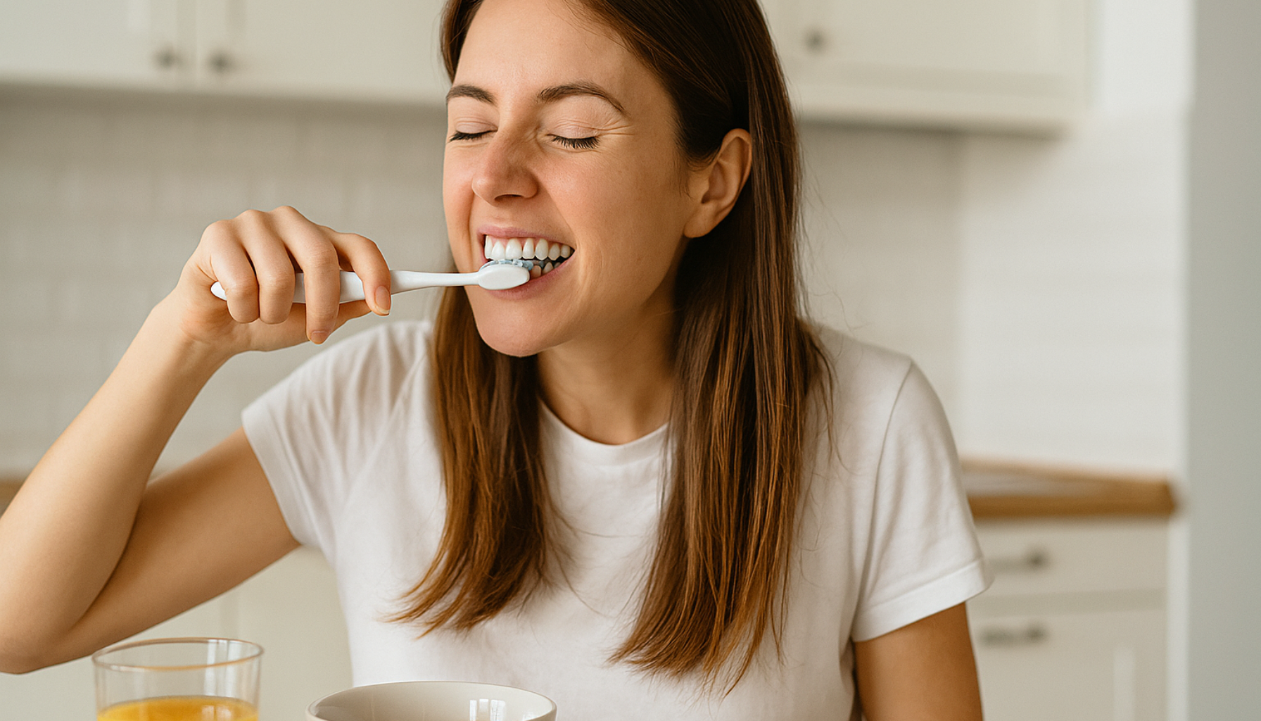 Kvinne i kjøkkenmiljø pusser tennene med tannbørste, frokost og juiceglass synlig foran henne i naturlig morgenlys.