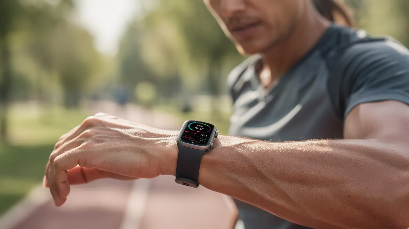 A person is checking their fitness wearable on their wrist while exercising outdoors, possibly monitoring their energy levels or heart health during their routine. This activity highlights the importance of maintaining a healthy lifestyle, which can be supported by dietary supplements like vitamin D and omega-3 from fatty fish to combat chronic fatigue and enhance overall well-being.