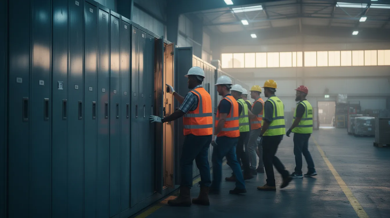 A group of warehouse workers is walking towards a bank of durable steel lockers during an early morning shift change, ready to store their personal items and gear in the secure storage provided by the smart locker system. These employee lockers are designed for efficient access and management of personal devices, ensuring a smooth transition between shifts.