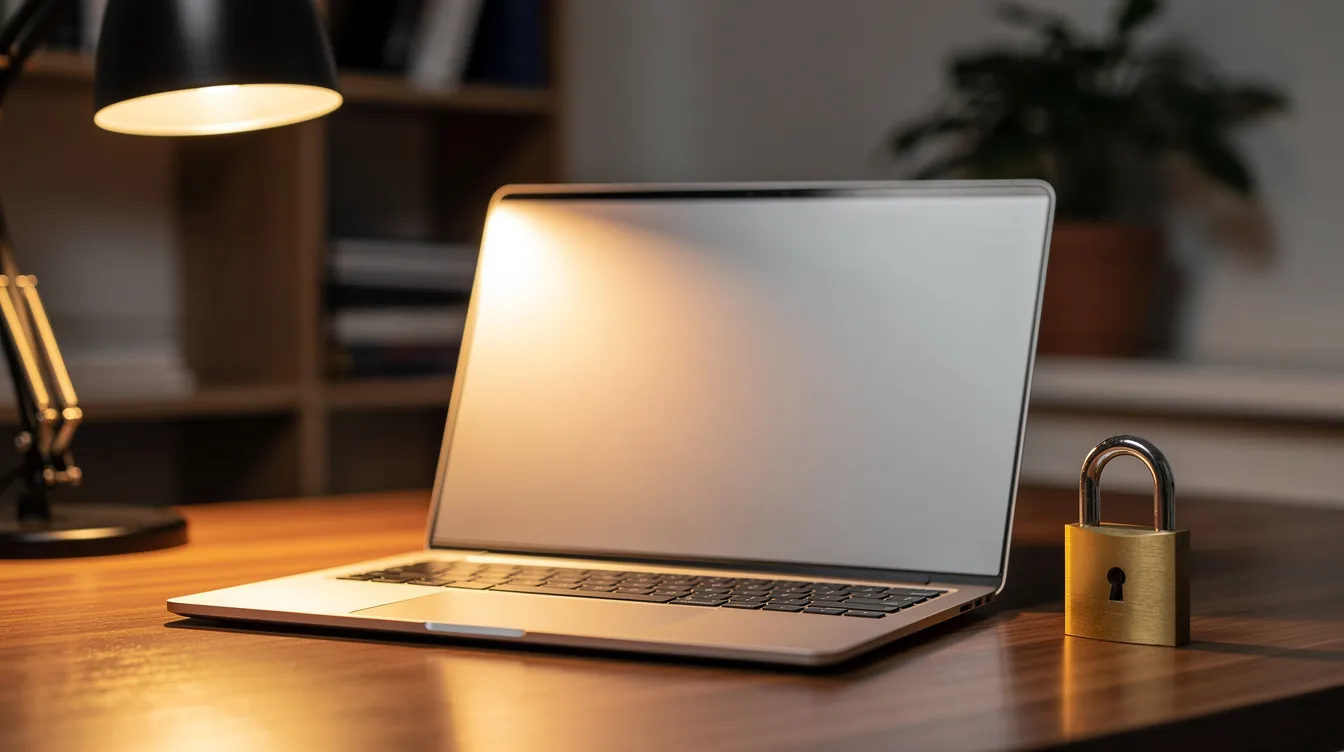 Ein Laptop steht auf einem Schreibtisch, neben dem ein symbolisches Vorhängeschloss platziert ist, das für den Schutz von Dateien und Ordnern mit einem Passwort steht. Das warme Bürolicht schafft eine einladende Atmosphäre, während die Szene auf die Bedeutung von Datensicherheit und Privatsphäre hinweist.