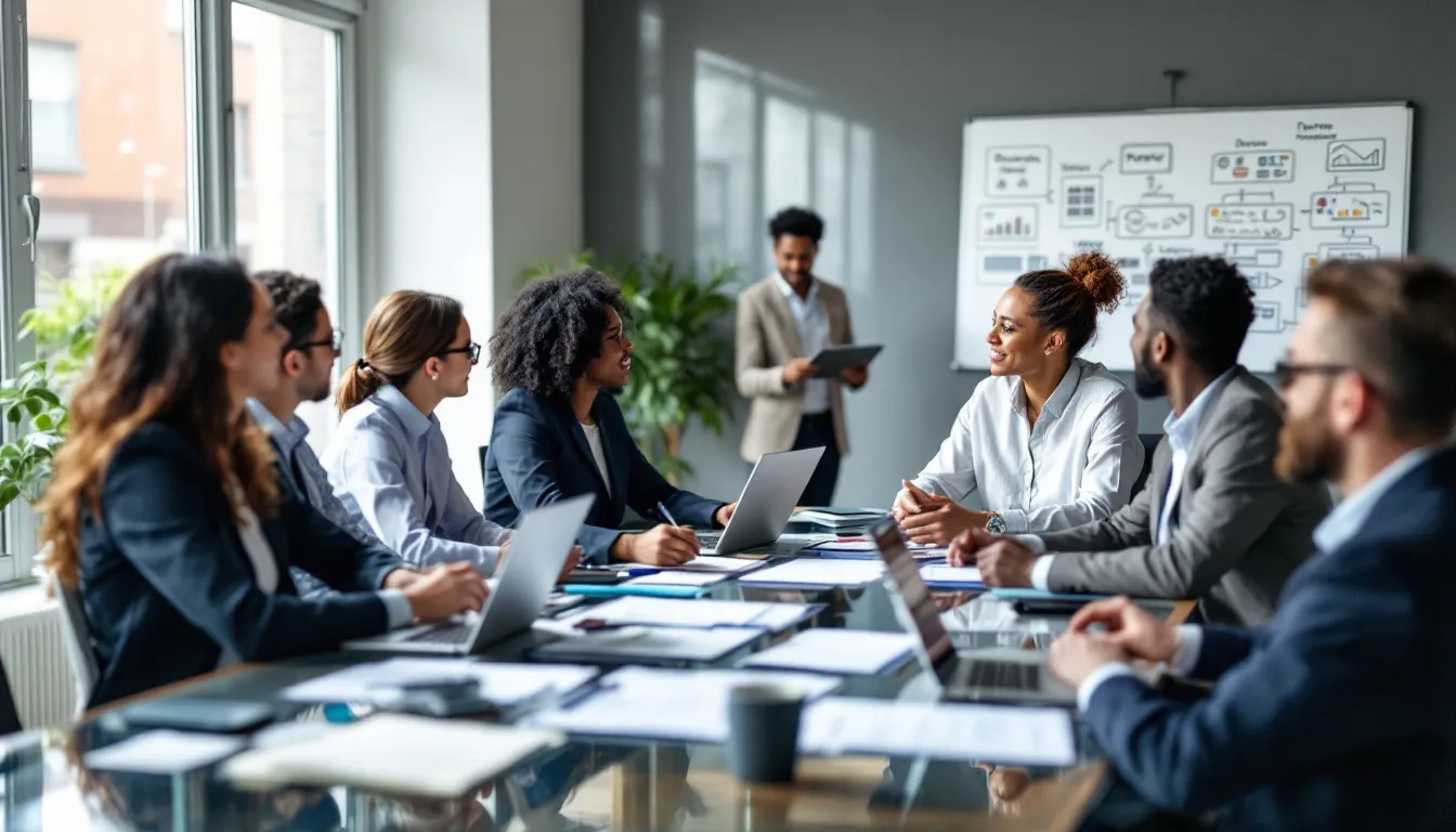 In the image, a diverse group of marketing team members collaborates around a table, analyzing charts and graphs that represent key performance indicators and campaign success metrics. They discuss strategies for a successful marketing campaign, focusing on engaging the target audience and measuring the campaign's performance through various marketing channels.
