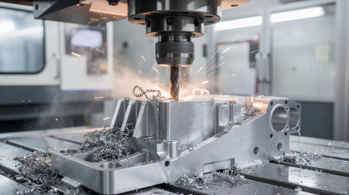 A close-up view of a multi-axis CNC milling machine is shown as it precisely cuts an aluminum aerospace bracket in a modern factory setting. This image highlights the advanced precision machining capabilities essential for manufacturing aerospace components that meet strict quality standards and tight tolerances.