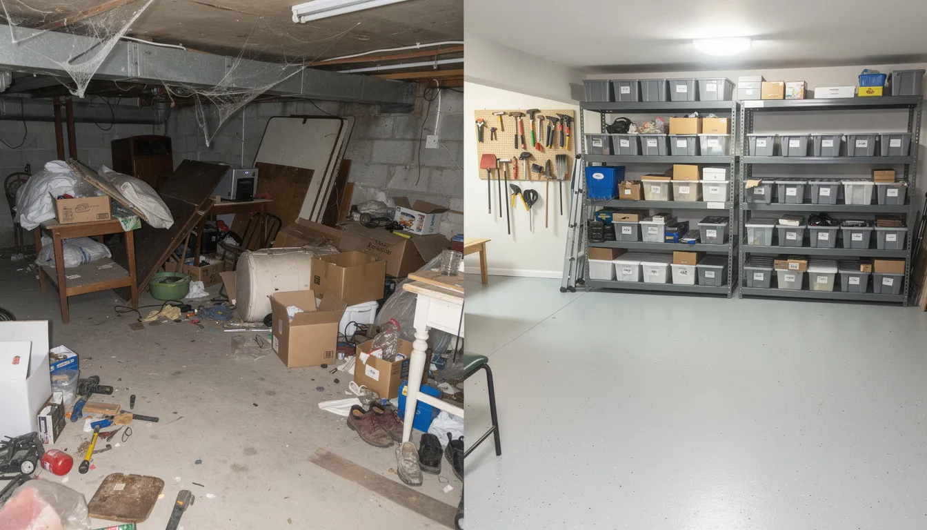 The image shows a clean and organized basement space after a professional cleanout service, highlighting the dramatic transformation from cluttered to tidy. This efficient junk removal process has successfully cleared away unwanted items, providing a stress-free experience for satisfied customers in Hartford, CT.