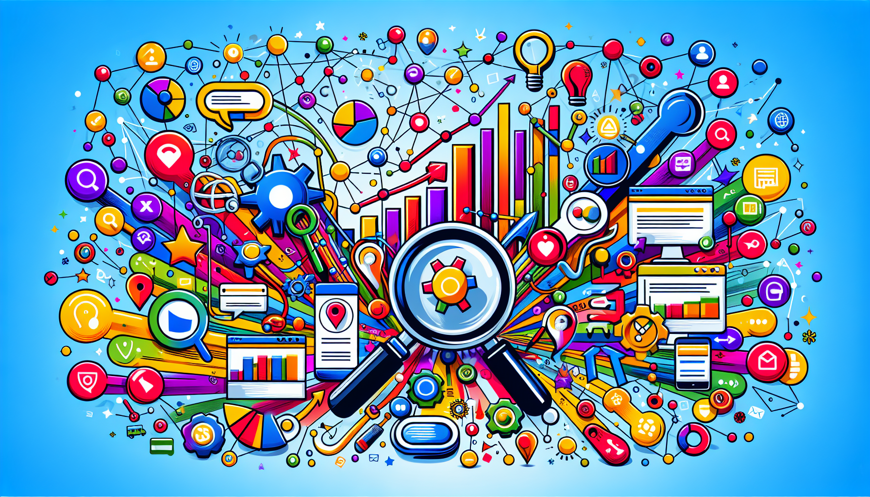 An illustration representing the concept of SEO optimization for Google, showcasing various elements involved in the process.