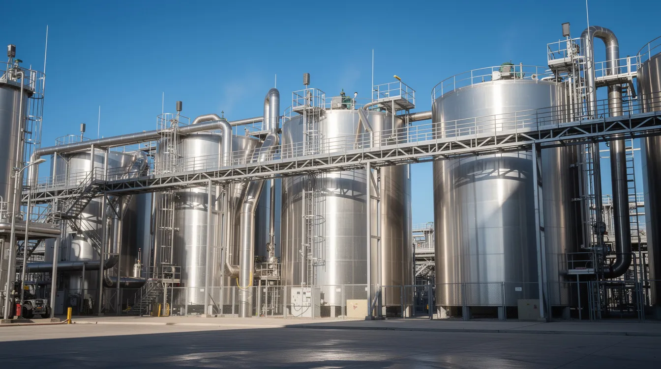 The image depicts an industrial oil processing facility featuring large cylindrical steel tanks, elevated walkways, and extensive steam piping, all set against a clear blue sky. This solvent extraction plant utilizes advanced technology for efficient oil extraction, ensuring high extraction efficiency and maximum oil yield from raw materials.