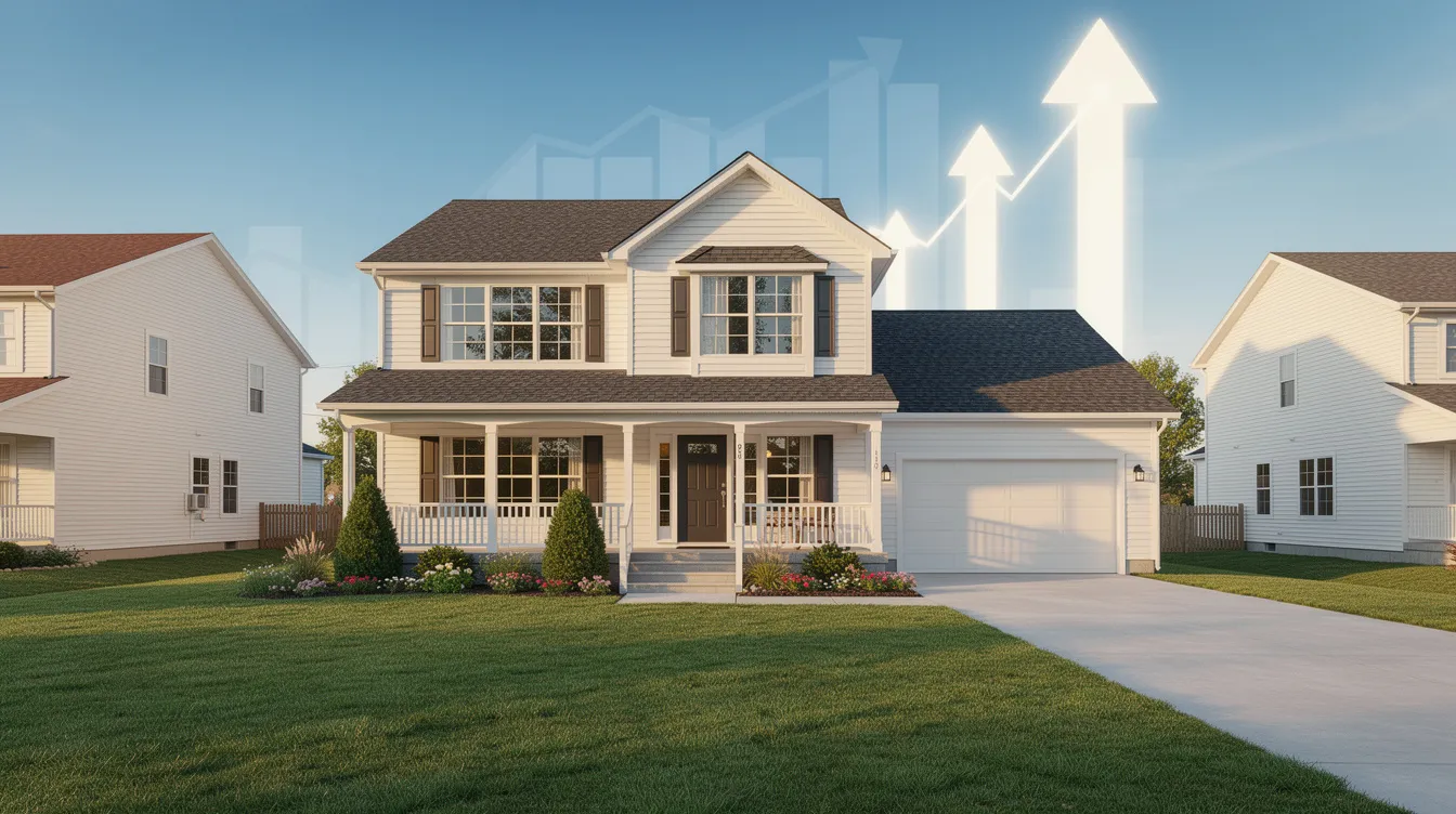 A two-story suburban house sits on a green lawn under a clear sky, symbolizing the concept of home equity. This image evokes the idea of home equity loans, where homeowners can access funds through an equity line of credit or a cash-out refinance, highlighting the importance of property value and financial planning.