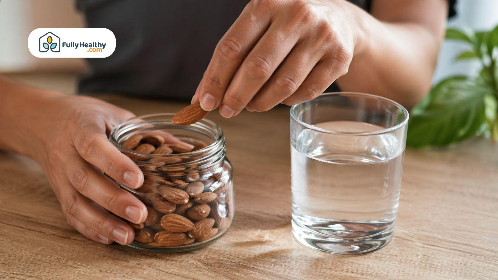 Hand picking almonds from a jar next to a glass of water.