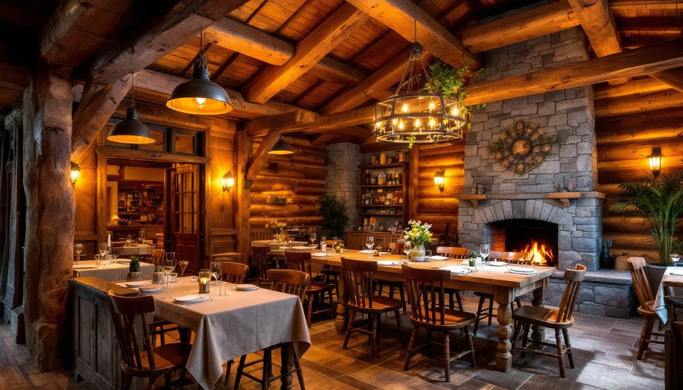 The image depicts a cozy restaurant interior featuring rustic wooden beams and warm lighting, creating an inviting mountain atmosphere ideal for enjoying delicious food and wine. This setting is perfect for a relaxing dinner experience in Brian Head, Utah, at Cedar Breaks Lodge or Lift Bar.