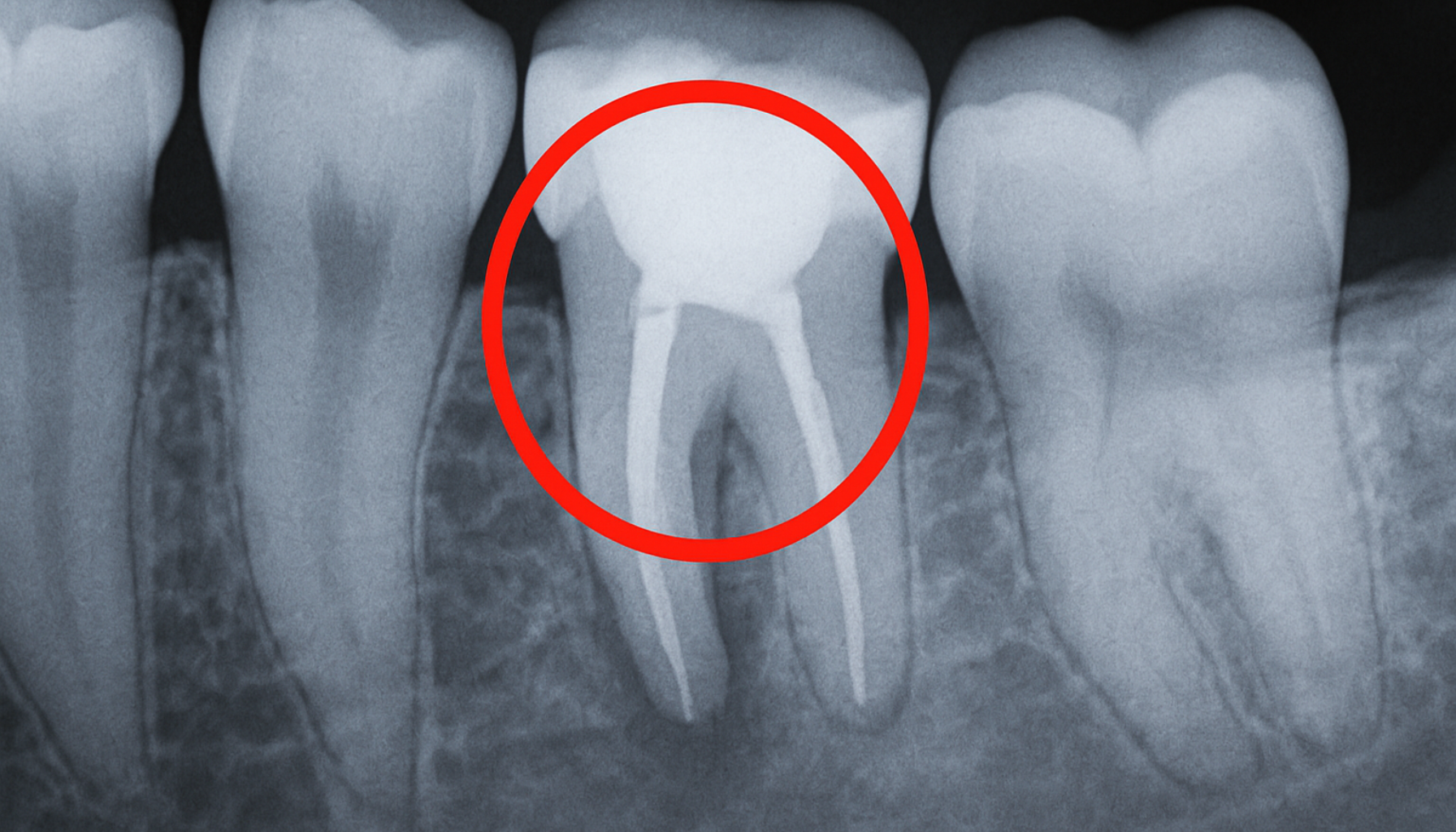 Røntgenbilde viser tann med stift og fylling i roten, markert med rød sirkel, omgitt av naturlige tenner og kjeveben.