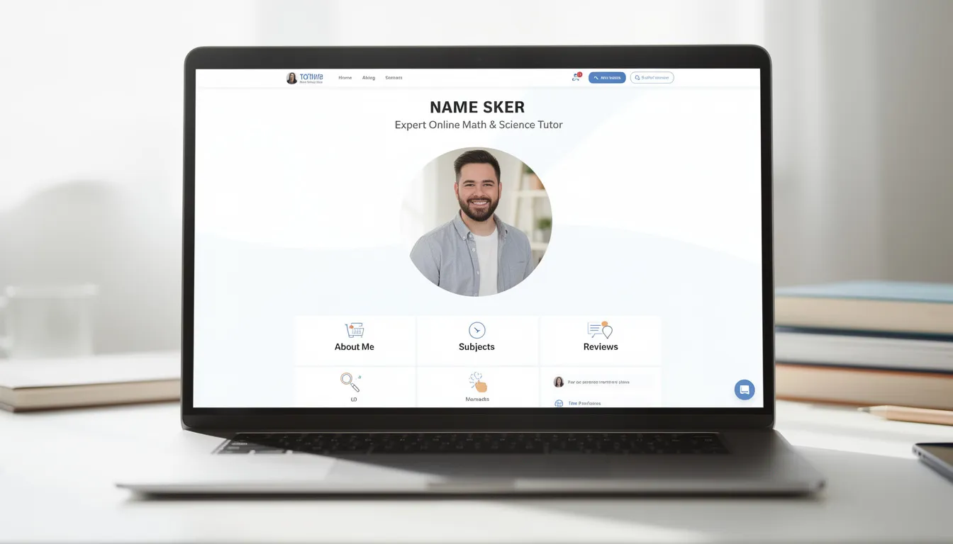 Das Bild zeigt ein Profil eines Online-Nachhilfelehrers, der Schülern bequem von zu Hause aus Unterstützung in verschiedenen Fächern wie Mathe bietet. Auf dem Bildschirm sind Informationen über Nachhilfestunden, häufig gestellte Fragen und die Möglichkeit, online zu unterrichten, zu sehen.
