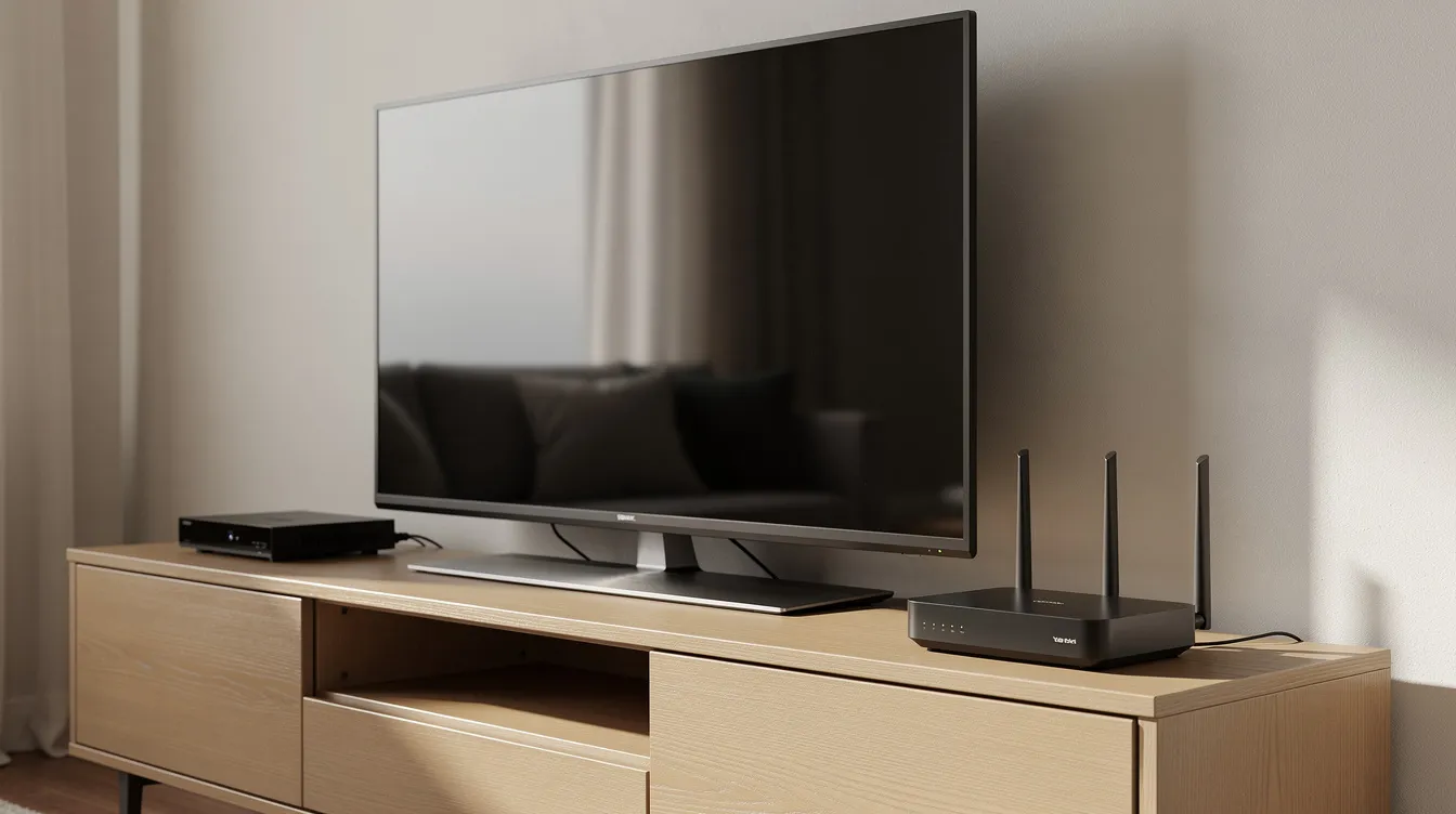 An image of a home Wi-Fi router positioned next to a television and an Android TV streaming device on a media console, highlighting the setup for internet connection and access to IPTV services and live TV channels. The scene reflects a modern entertainment setup, ideal for streaming movies and TV series.