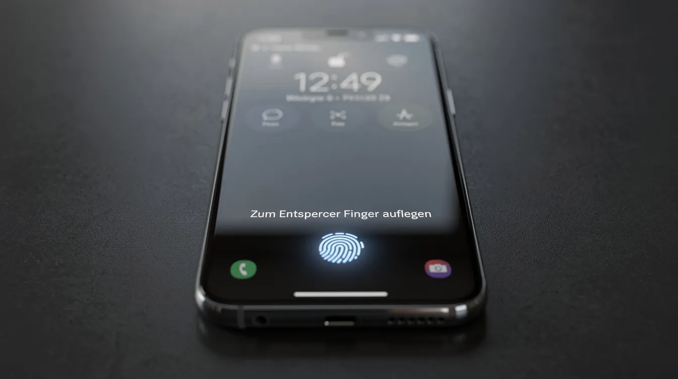 Das Bild zeigt ein Smartphone mit einem Fingerabdruck-Scanner auf dem Sperrbildschirm. Auf dem Display sind verschiedene Symbole zu sehen, die auf Funktionen wie E-Mail, Rechnungen und Online-Portale hinweisen, was die Nutzung von Apps zur Verwaltung von Dokumenten und Zahlungen erleichtert.