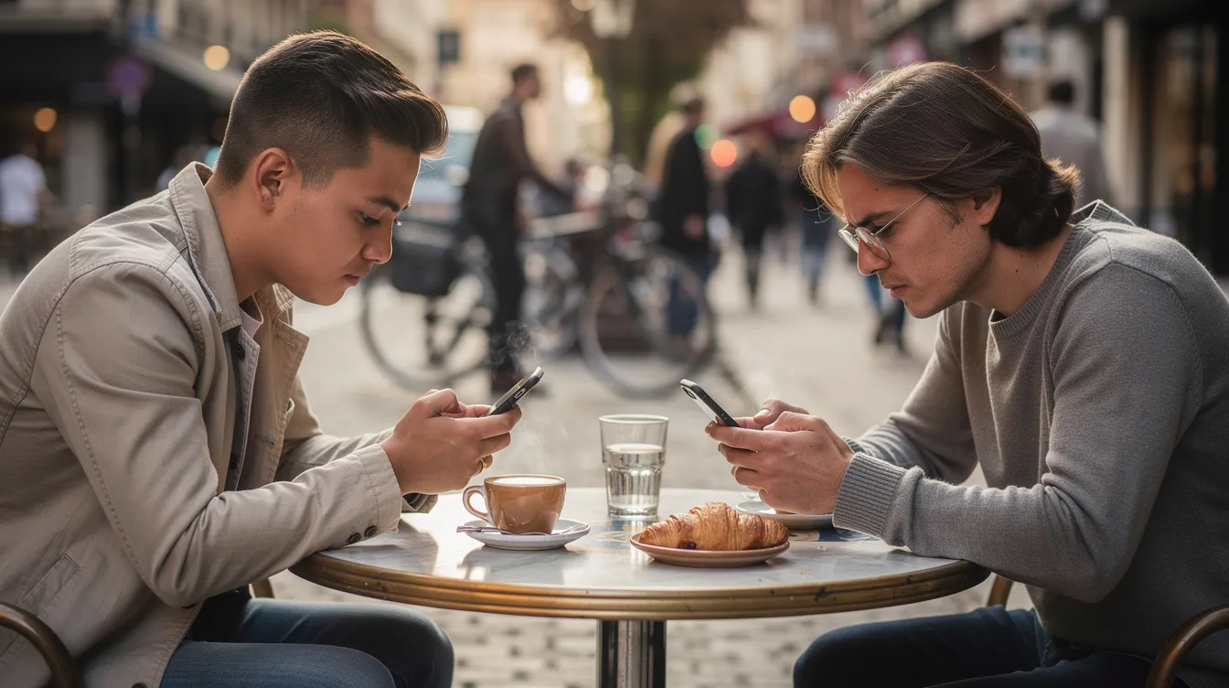 The image shows two people sitting at a cafe, each absorbed in their phones with thoughtful expressions, possibly engaged in the early talking stage of a relationship. Their focused demeanor suggests they are contemplating their next steps in communication, reflecting on how long the talking stage should last before deciding to grow closer or commit.