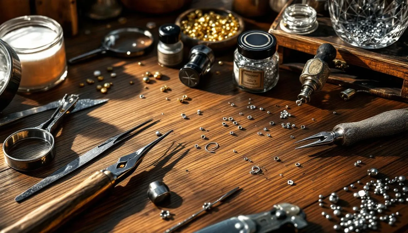 Essential tools for jewellery making laid out on a workbench.