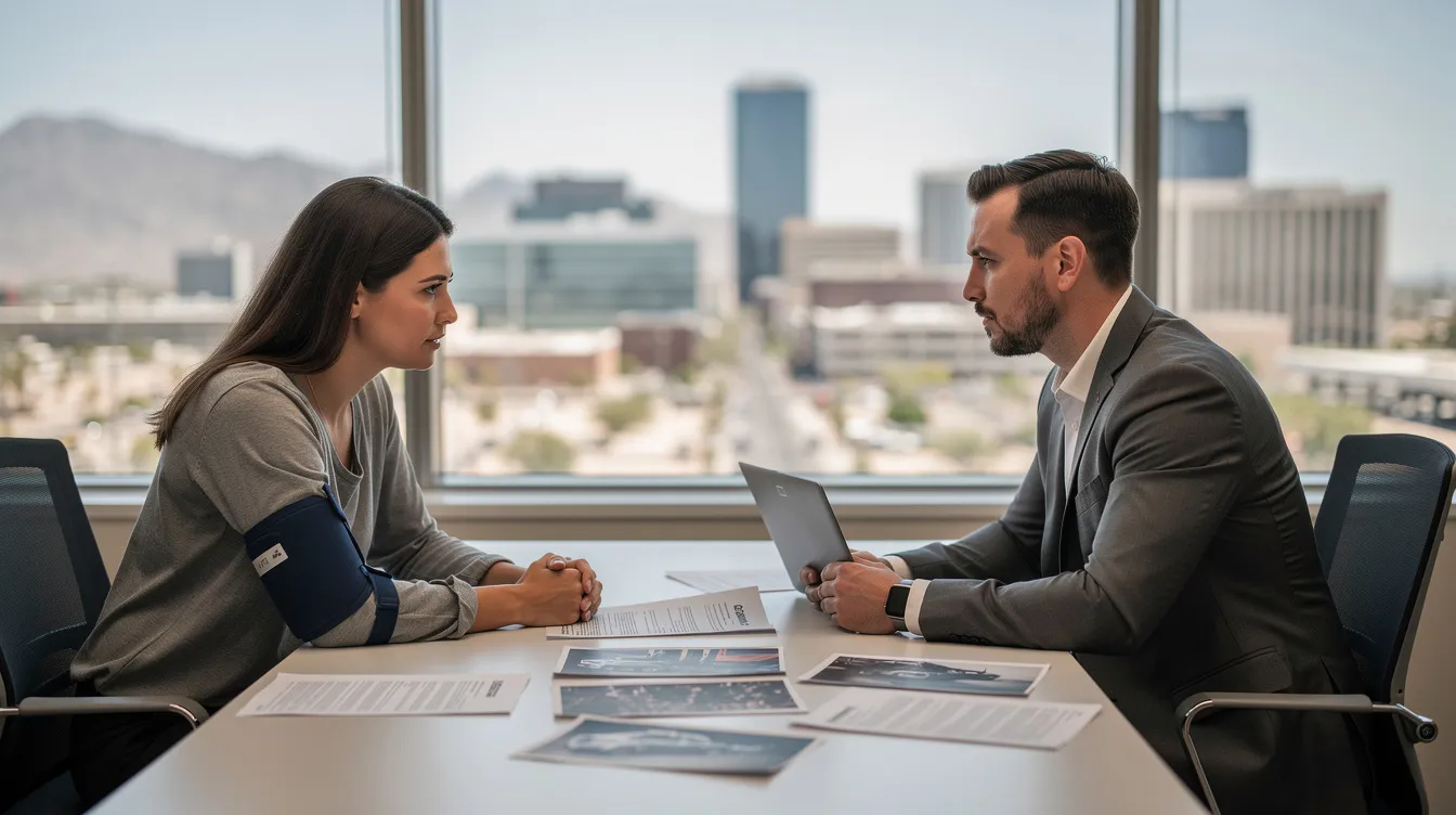 The image depicts a serious consultation between a car accident victim and a car accident lawyer in a modern law office in Phoenix, Arizona. Both individuals are focused on reviewing printed accident photos and insurance paperwork, highlighting the importance of legal representation in personal injury claims and the complexities of navigating the claims process after an accident.